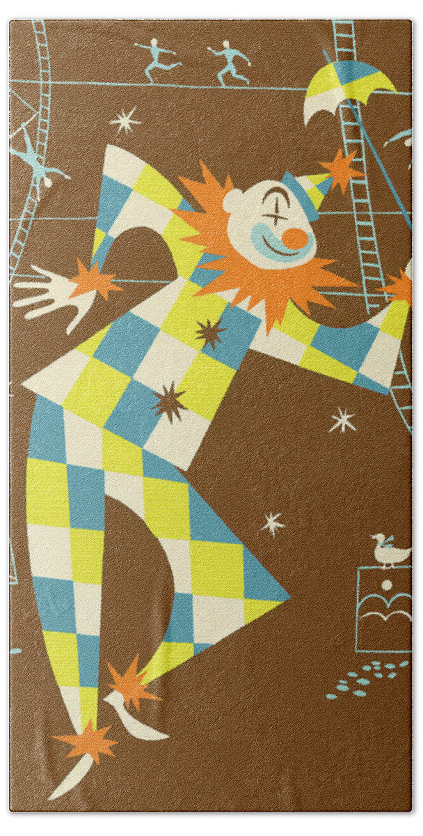 Action Hand Towel featuring the drawing Clown Performing at Circus by CSA Images