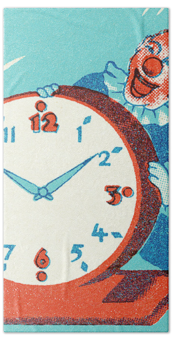 Alarm Clock Hand Towel featuring the drawing Clown Standing Behind Clock by CSA Images
