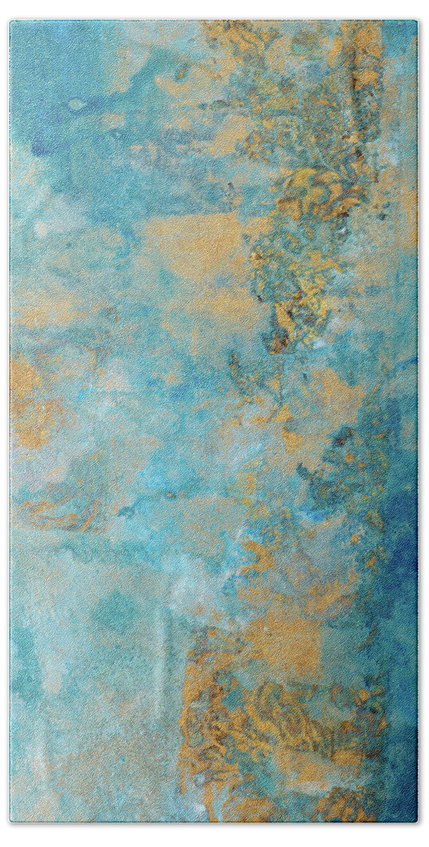 Coastline Bath Towel featuring the mixed media Coastline Vertical Abstract II by Merri Pattinian
