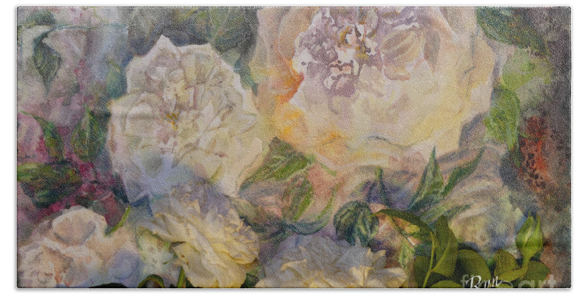 Coeur De Neige Bath Towel featuring the painting Coeur de Neige Rose Art and flower by Ryn Shell