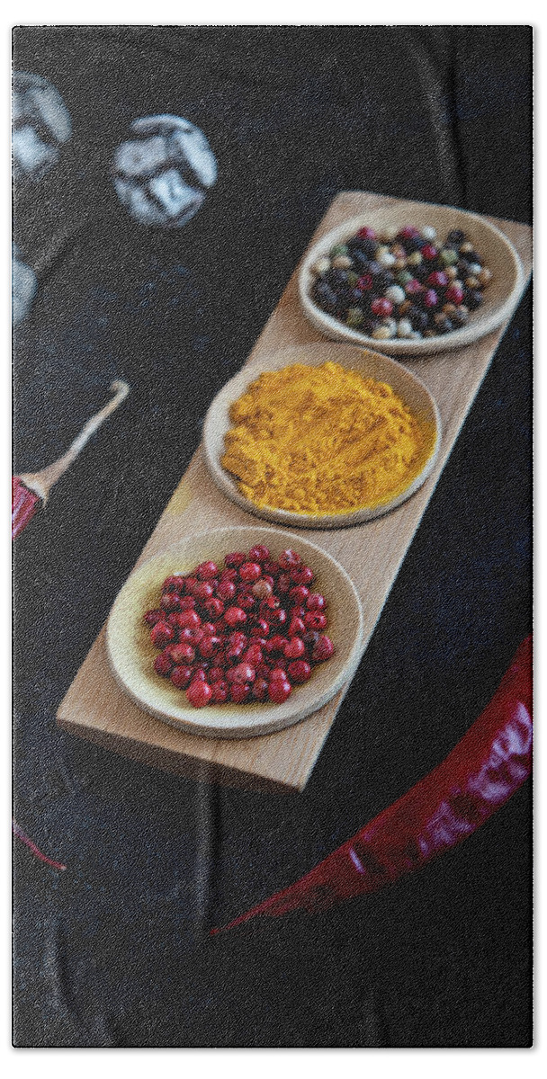 Spice Bath Towel featuring the photograph Collection of aromatic herbal peeper spices by Michalakis Ppalis