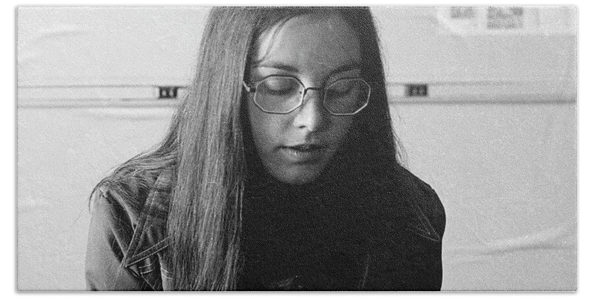 Brown University Bath Towel featuring the photograph College Student with Octagonal Eyeglasses, 1972 by Jeremy Butler