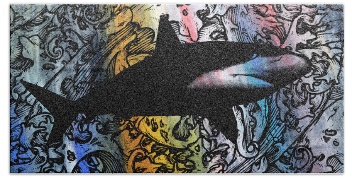 Shark Bath Towel featuring the painting Color Rainbow Ocean Surveyor - Prints by RodModern.com by Robert R Splashy Art Abstract Paintings