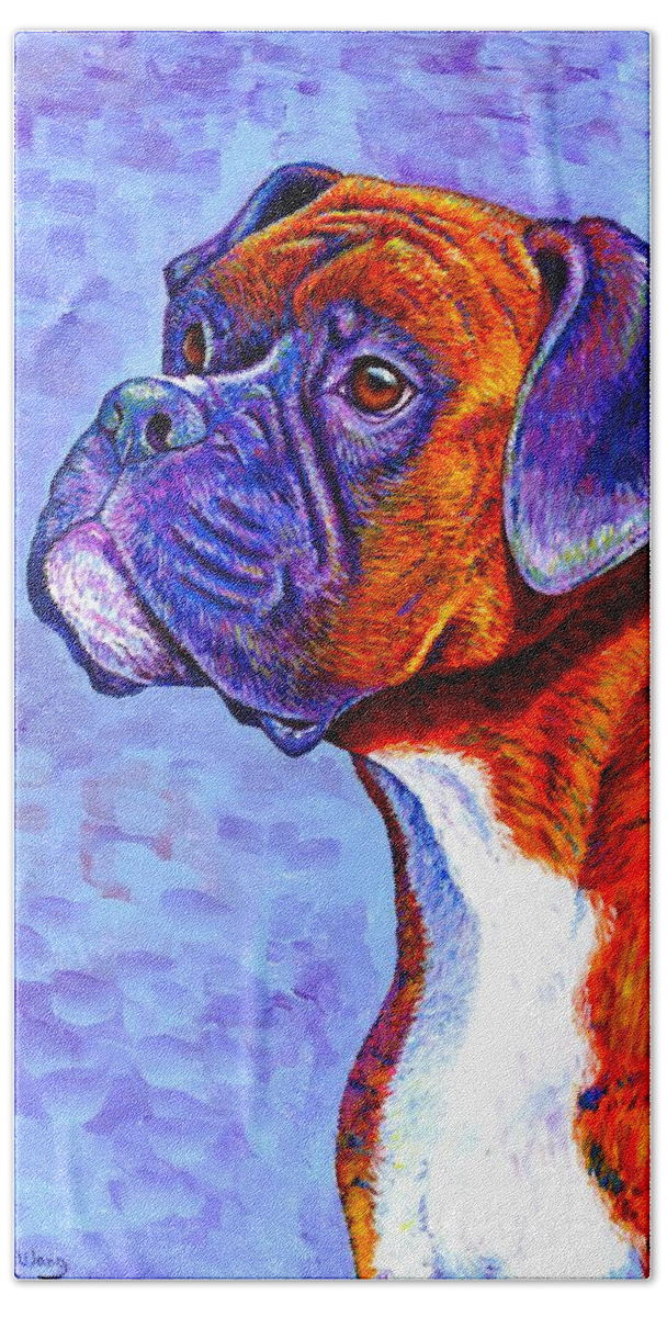 Boxer Hand Towel featuring the painting Devoted Guardian - Colorful Brindle Boxer Dog by Rebecca Wang
