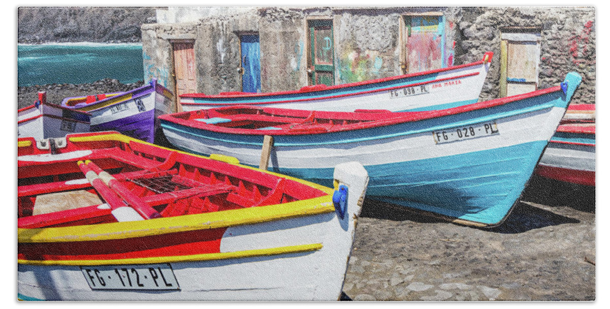 Boat Hand Towel featuring the photograph Colorful fishing boats, Cape Verde by Lyl Dil Creations
