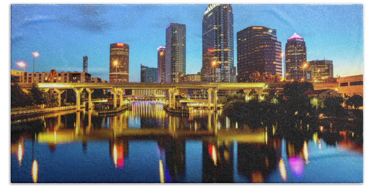America Hand Towel featuring the photograph Colorful Tampa Florida Skyline Reflections by Gregory Ballos