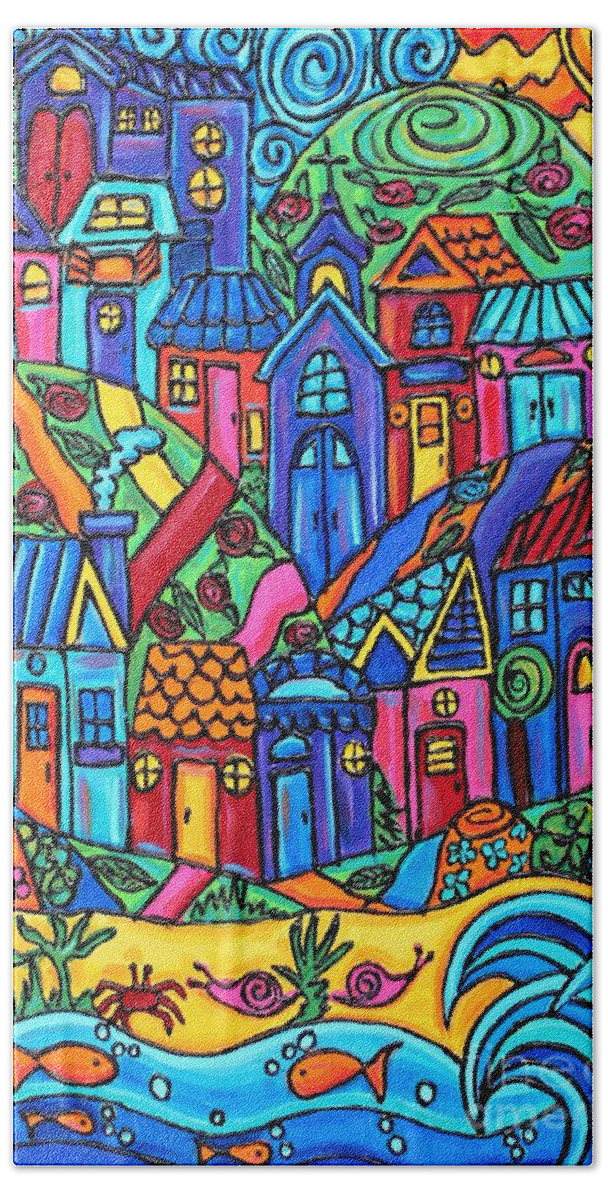 Colorful Bath Towel featuring the painting Colorful Whimsy Town by Cynthia Snyder