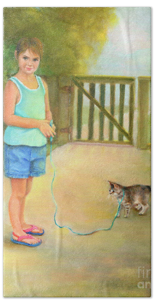 Girl Bath Towel featuring the painting Come Along Kitty by Marlene Book