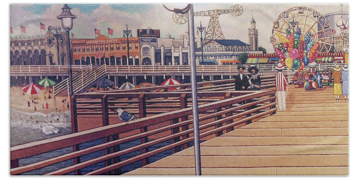  Hand Towel featuring the painting Coney Island Boardwalk Pillow Mural #1 by Bonnie Siracusa