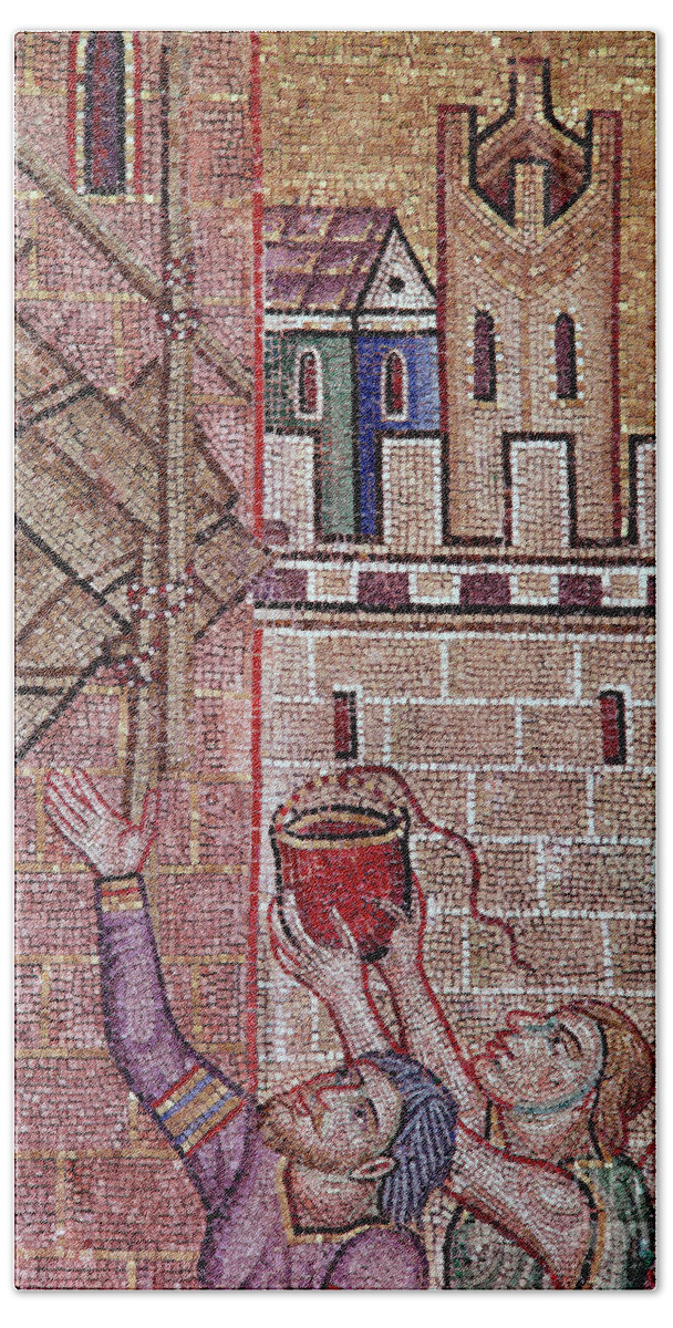 Byzantine Art: Construction Of The Tower Of Babel Detail Of The 13th Century Mosaic Construction Of The Tower Of Babel Venice Hand Towel featuring the photograph Construction Of The Tower Of Babel Detail Of The 13th Century Mosaic by European School