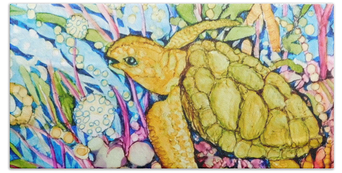 All The Colors Of The Rainbow Surround This Friendly Turtle Bath Towel featuring the painting Cool by Joan Clear