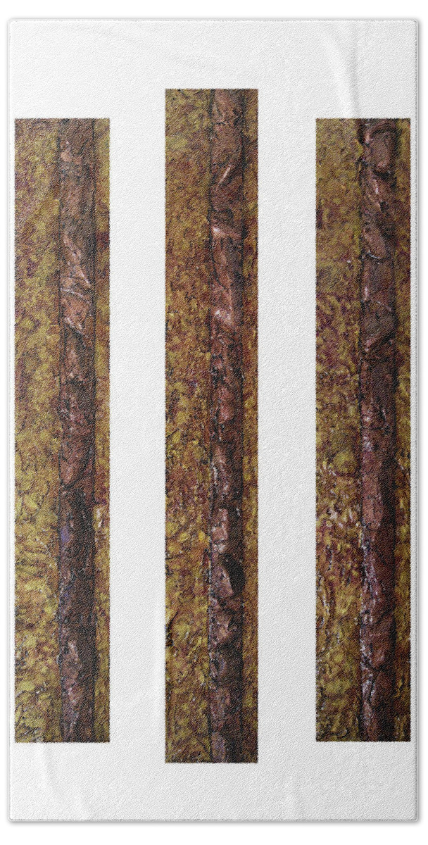 Gold Hand Towel featuring the mixed media Copper and Gold Triptych by Christopher Schranck
