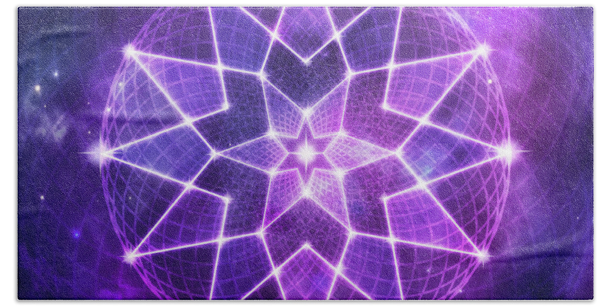 Seed Of Life Bath Towel featuring the digital art Cosmic Purple Geometric Seed of Life Crystal Lotus Star Mandala by Laura Ostrowski