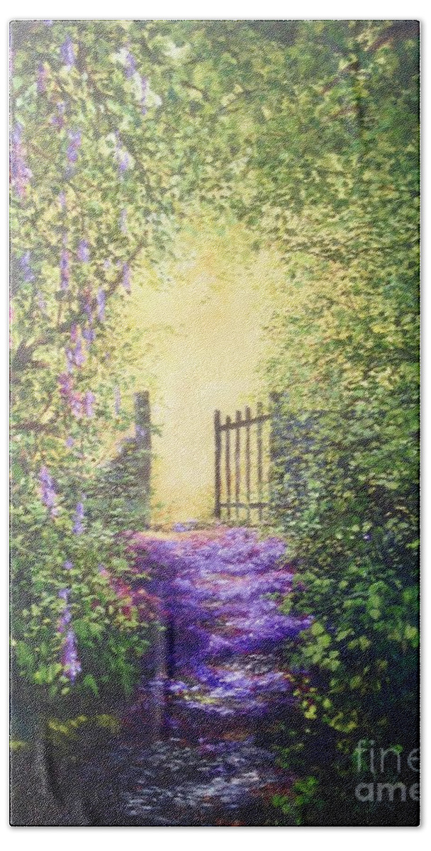 Petals Bath Towel featuring the painting Cotswolds Pathway of Petals to an open Gate and into the sunshine beyong by Lizzy Forrester