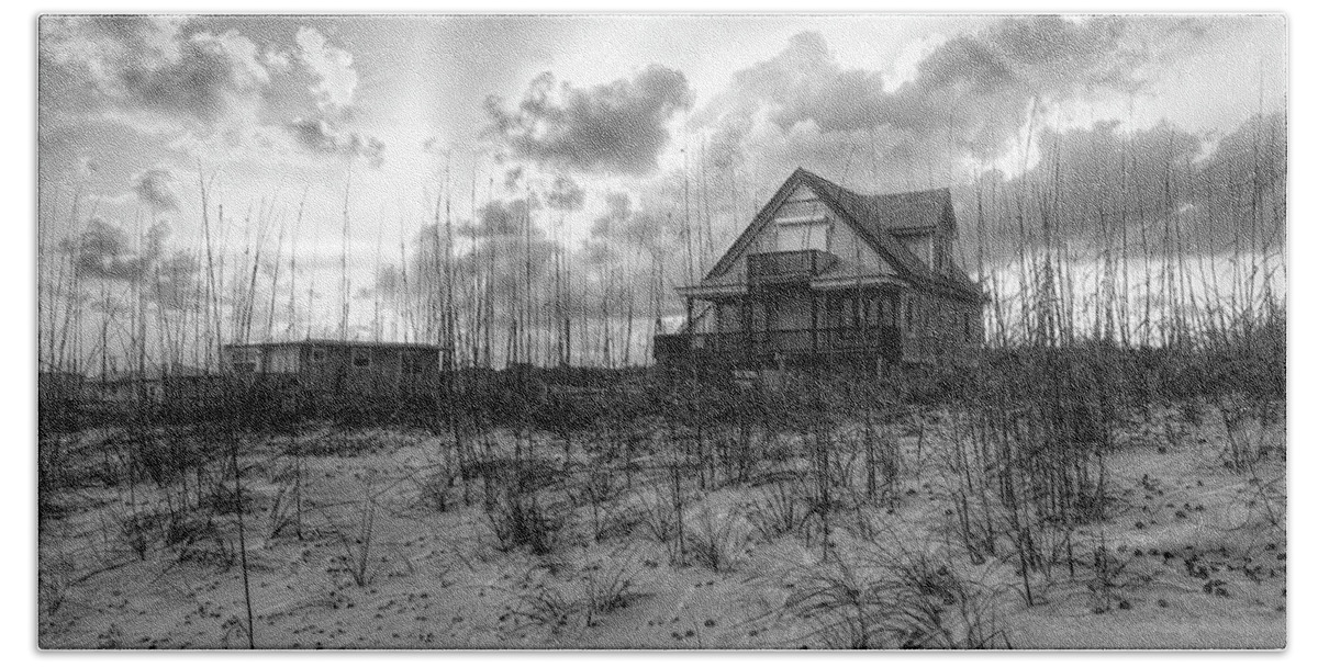 Boats Bath Towel featuring the photograph Cottage on the Dunes in Black and White by Debra and Dave Vanderlaan