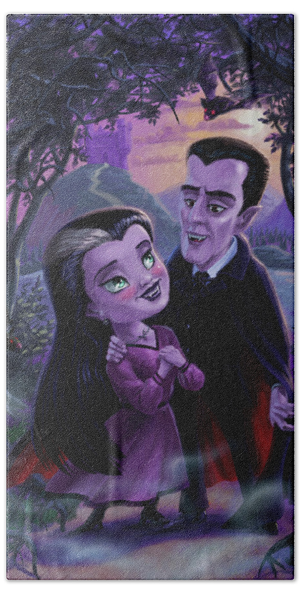 Vampire Bath Towel featuring the digital art Count and Countess Dracula during Halloween evening by Martin Davey