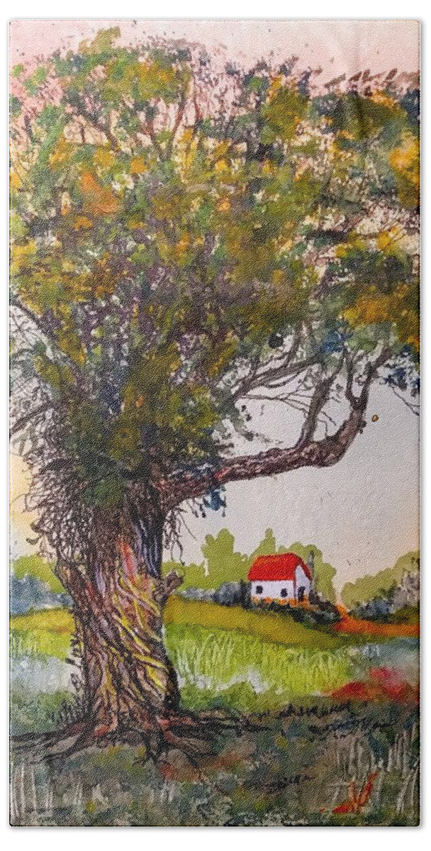 Old Tree Hand Towel featuring the painting Country Back Roads by Mike Benton