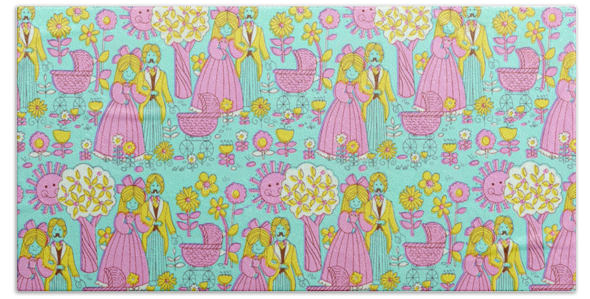 Background Bath Towel featuring the drawing Couple With Baby Carriage Pattern by CSA Images