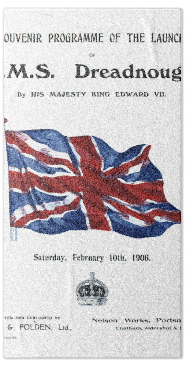Print Hand Towel featuring the drawing Cover Of Souvenir Programme For The Launch Of Hms Dreadnought, 1906 by English School