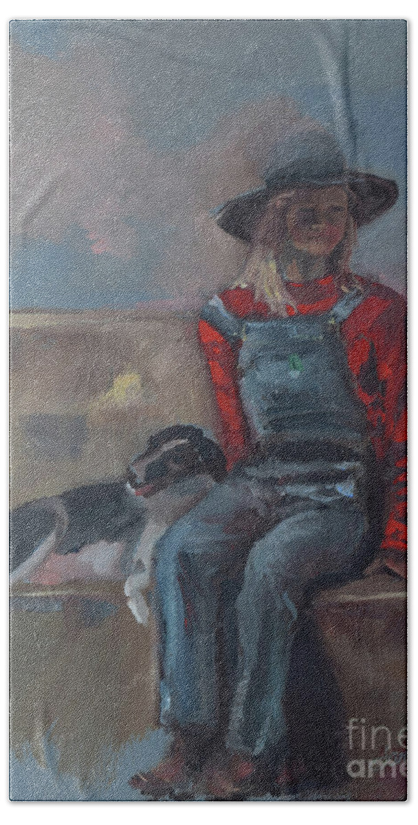 Plein Air Bath Towel featuring the painting Cowgirl and Dog -Farmer by Jan Dappen