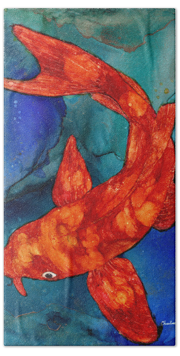 Koi Hand Towel featuring the painting Coy Koi by Charlene Fuhrman-Schulz