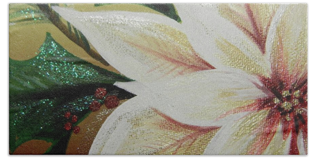 Poinsettia Bath Towel featuring the painting Cream Poinsettia by Karen Mesaros