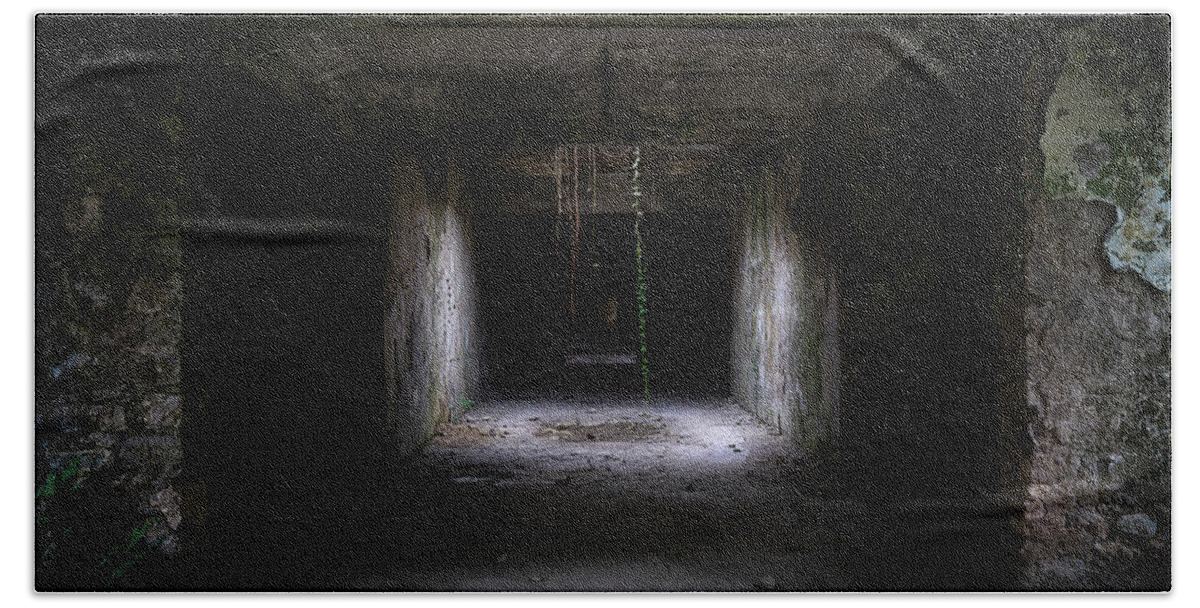 Urban Bath Towel featuring the photograph Creepy Dark Hallway by Roman Robroek
