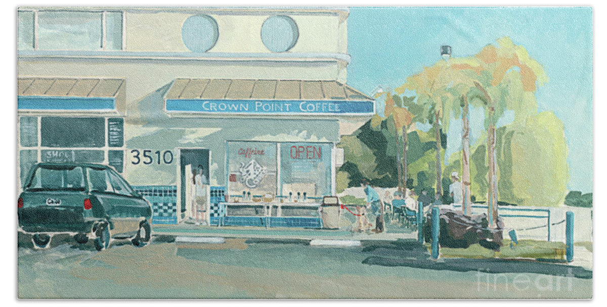 Crown Point Coffee Hand Towel featuring the painting Crown Point Coffee Pacific Beach San Diego California by Paul Strahm