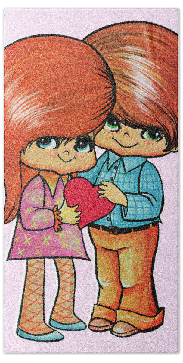 Affection Hand Towel featuring the drawing Cute Big Eyed Couple by CSA Images