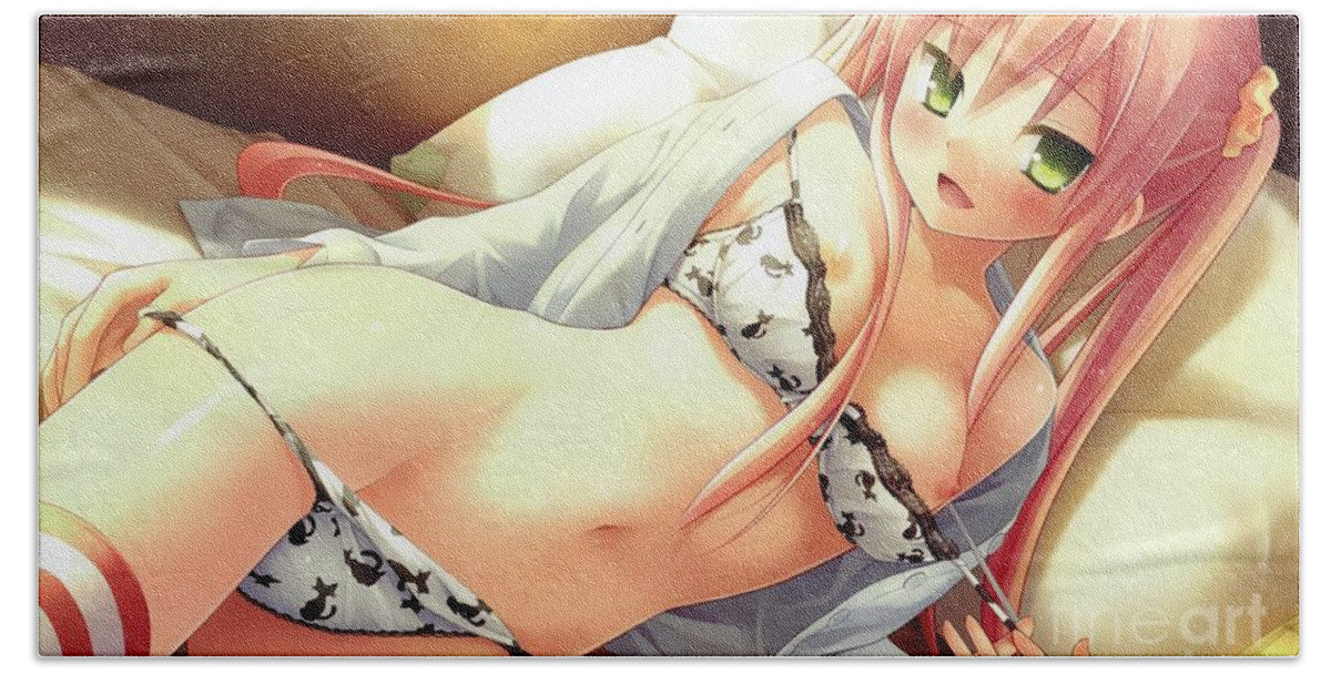 High Resolution Bath Towel featuring the drawing Cute Hentai Girl Undressing On Bed Ultra HD by Hi Res
