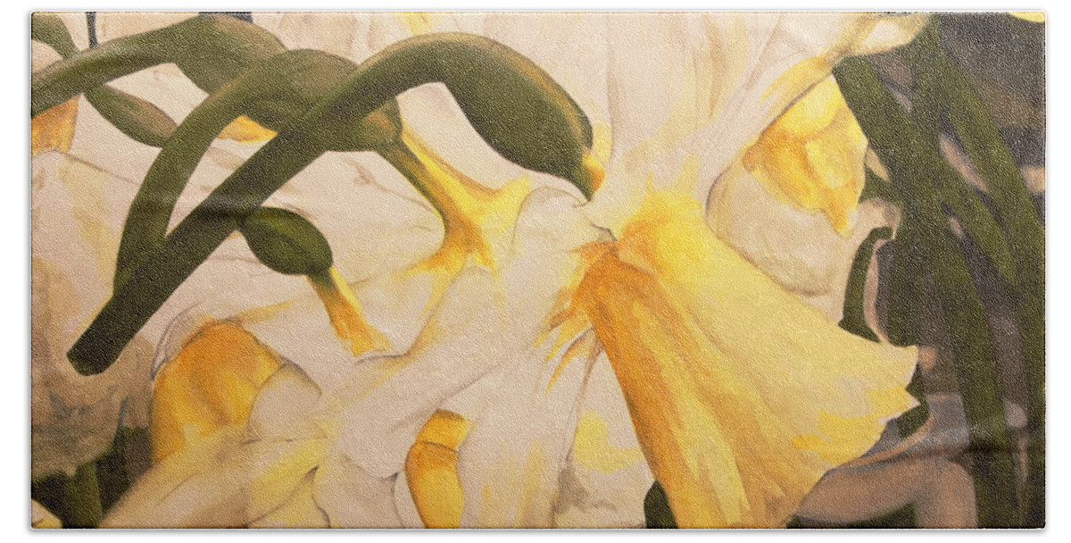 Floral Bath Towel featuring the painting daffodil Abstraction by Heidi E Nelson
