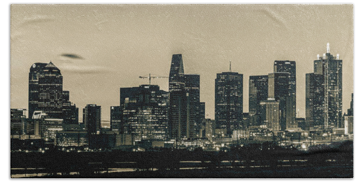 Dallas Skyline Hand Towel featuring the photograph Dallas Skyscraper Panorama - Texas Sepia Skyline by Gregory Ballos