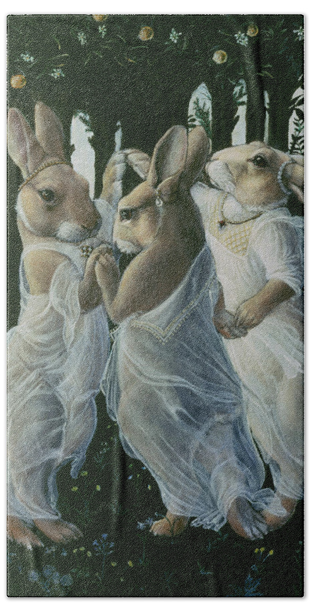 Bunnies Hand Towel featuring the painting Dancing Graces by Melinda Copper