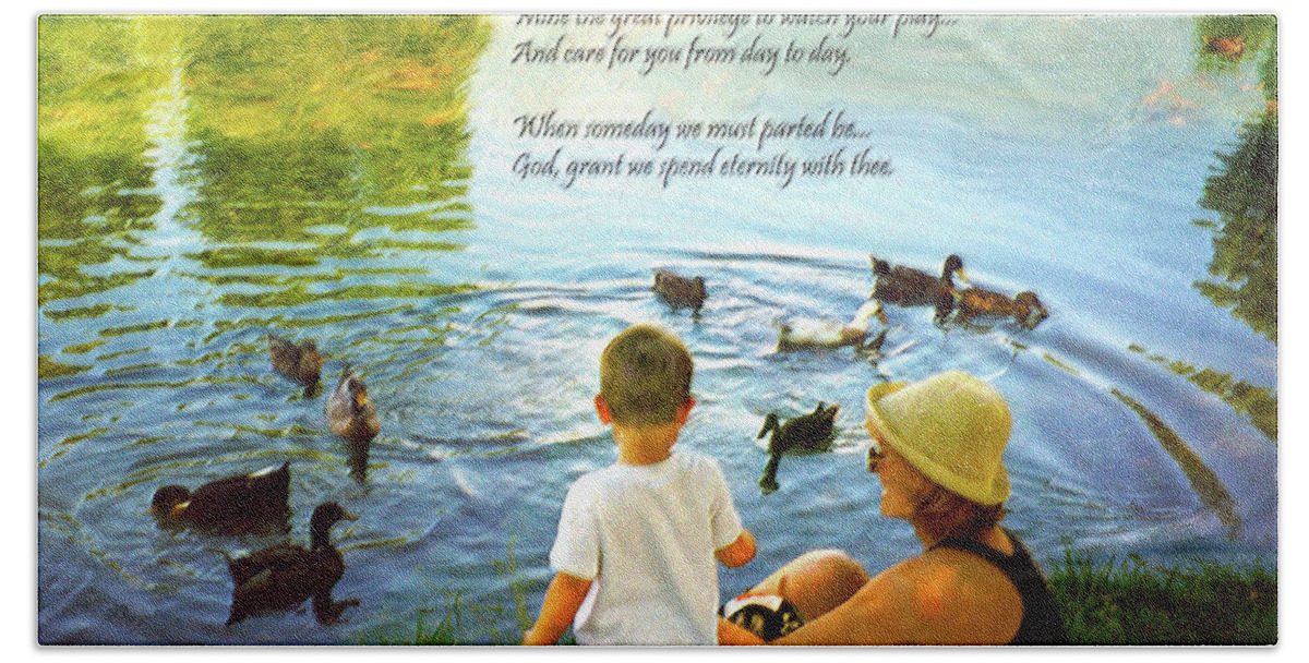 Painting With Poetry Hand Towel featuring the digital art Dear Little Boy Duckpond Day by Bonnie Marie