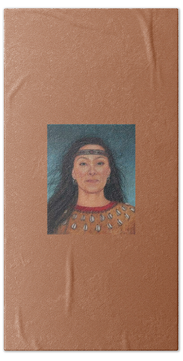 Native American Portrait. American Indian Portrait. Face. Long Dark Hair. Native Indian Dress. Four Directions Earrings. Beaded Headband. Artist Self-portrait Bath Towel featuring the painting Delaware Woman by Valerie Evans