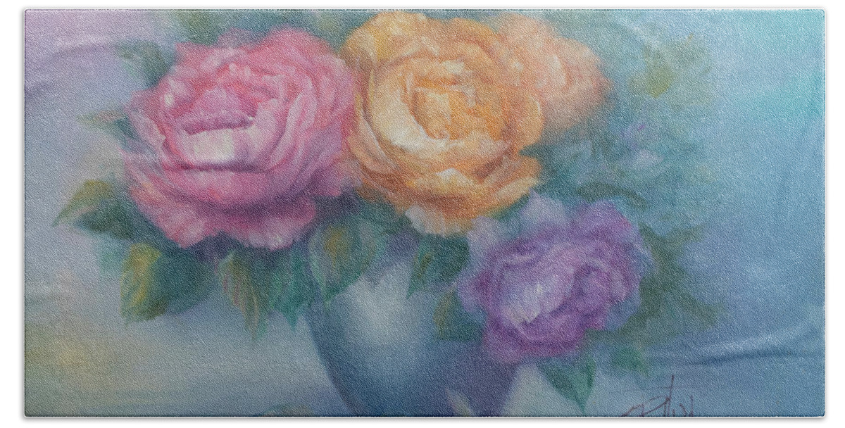 Cabbage Roses In A Vase Hand Towel featuring the painting Cabbage Rose Bouquet by Lynne Pittard