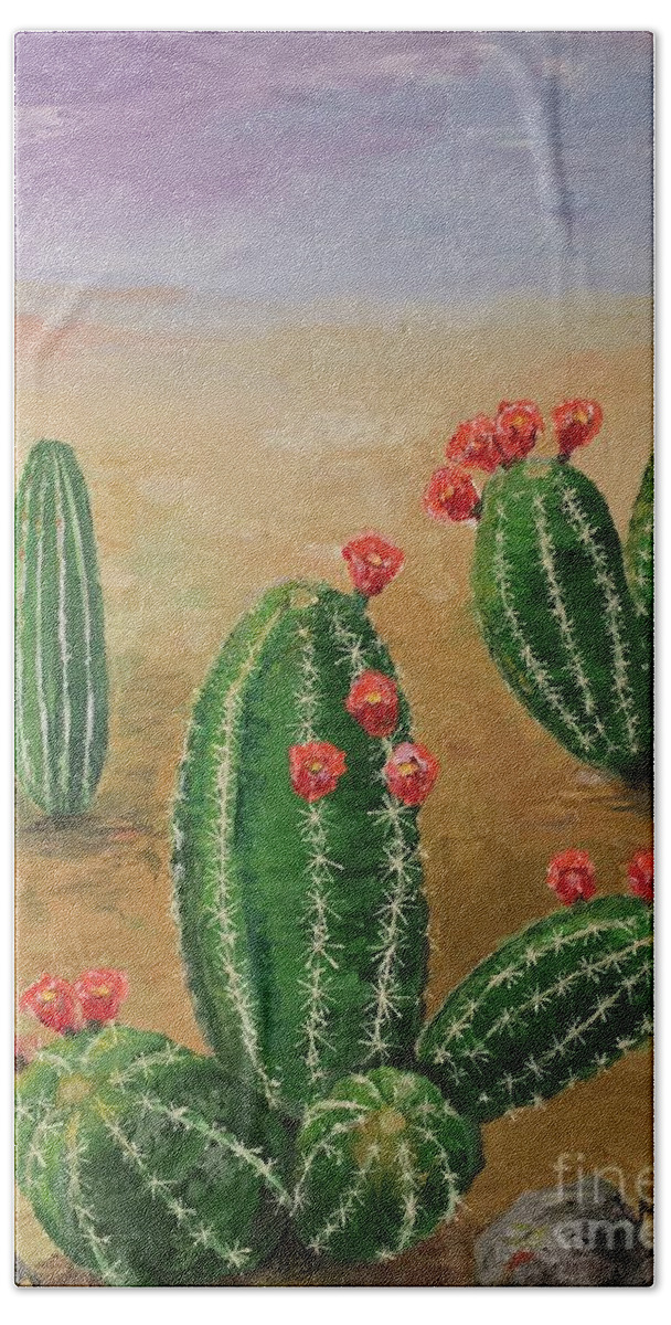 Cactus Bath Towel featuring the painting Desert Bloom by Maria Karlosak