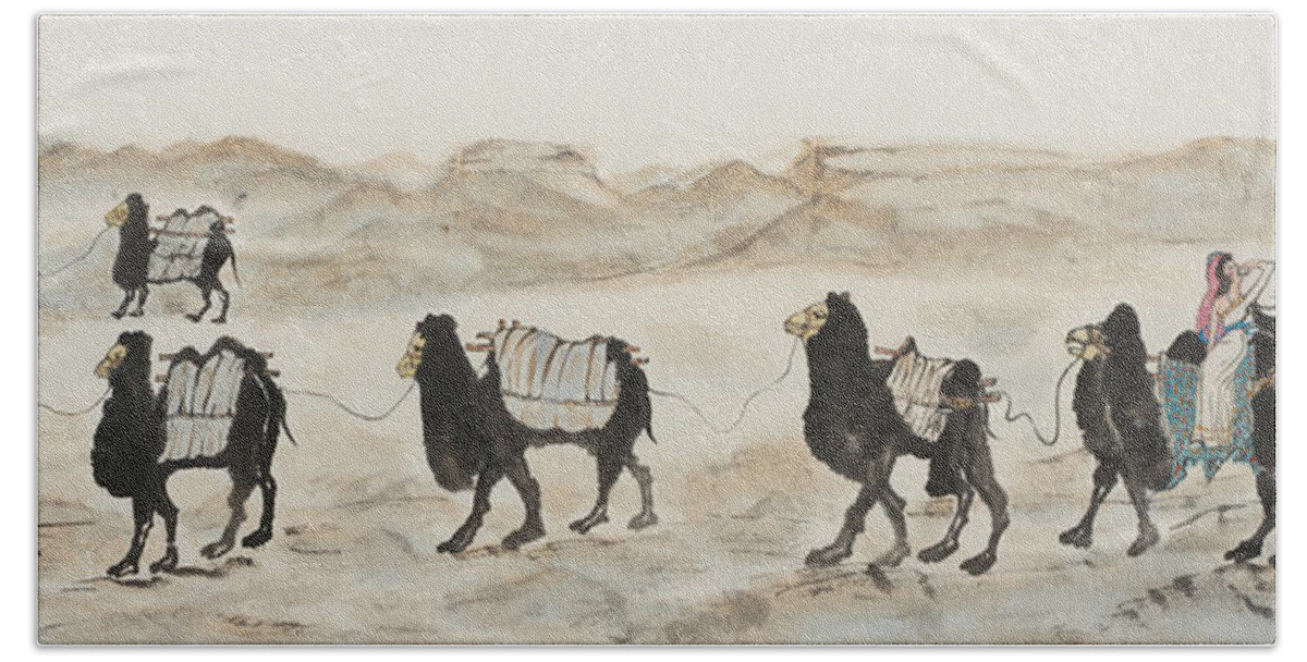 Chinese Watercolor Bath Towel featuring the painting Camel Caravan Outside the Great Wall by Jenny Sanders