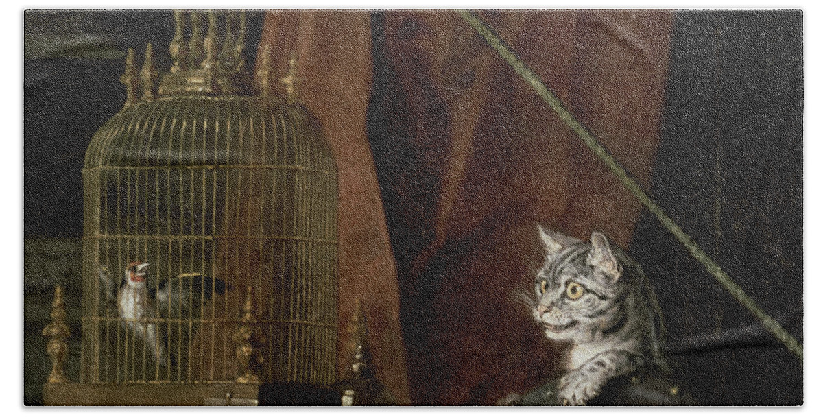 William Hogarth Hand Towel featuring the painting Detail Of A Cat And Bird Cage From The Graham Children, 1742 by William Hogarth