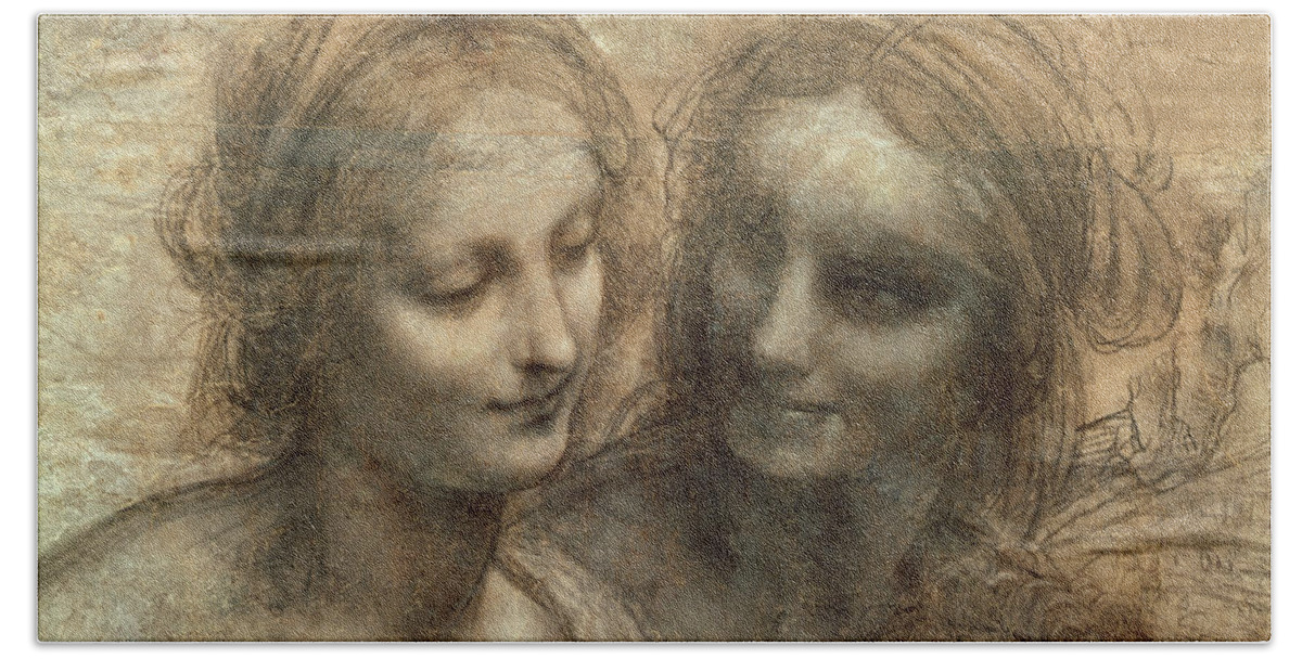 Christian Hand Towel featuring the drawing Detail Of The Heads Of The Virgin And Saint Anne By Leonardo Da Vinci by Leonardo Da Vinci