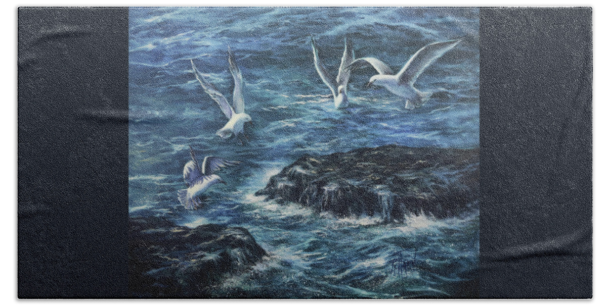 Seagulls Hand Towel featuring the painting Seagull's Rock by Lynne Pittard