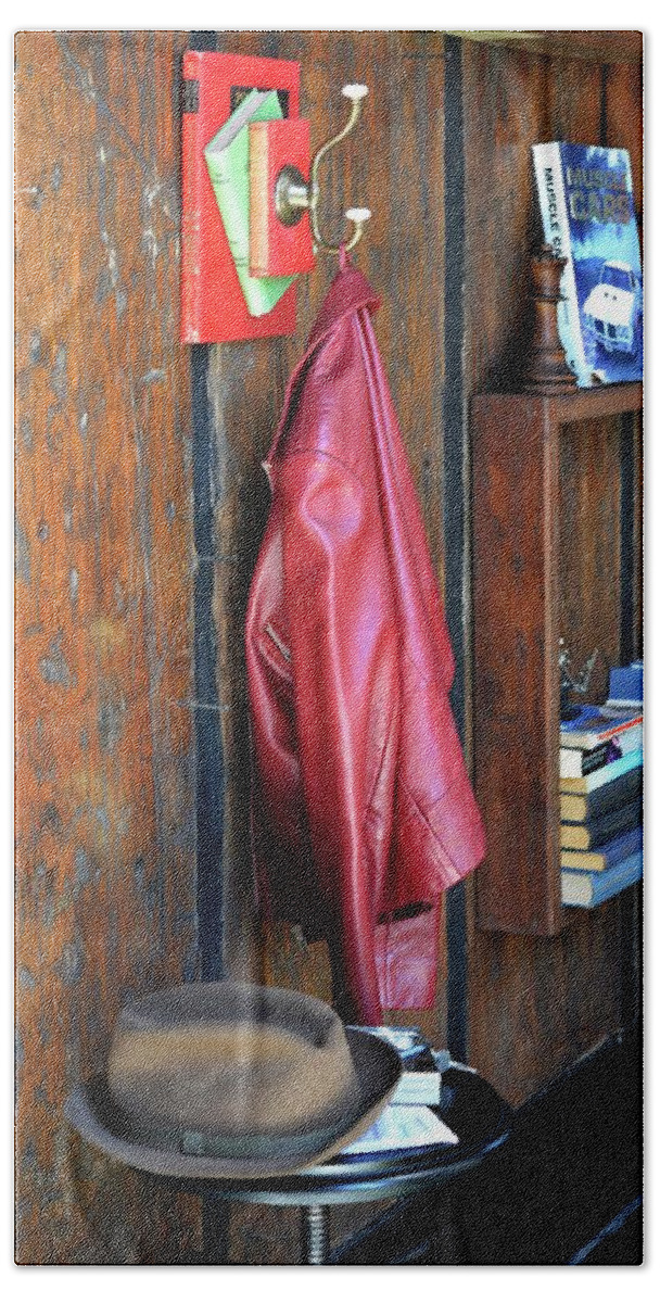 Ip_11356283 Hand Towel featuring the photograph Diy Coat Peg Made From Books And Hook Next To Bookshelves On Rustic Wooden Wall by Great Stock!