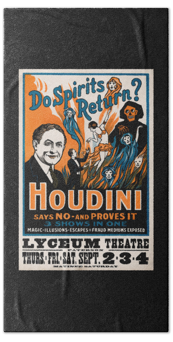 Harry Houdini Bath Towel featuring the mixed media Do Spirits Return? Houdini Says No - Vintage Magic Poster by War Is Hell Store