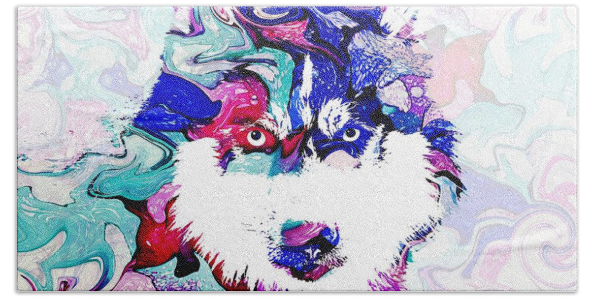 Dog Bath Towel featuring the mixed media Dog 148 Husky by Lucie Dumas