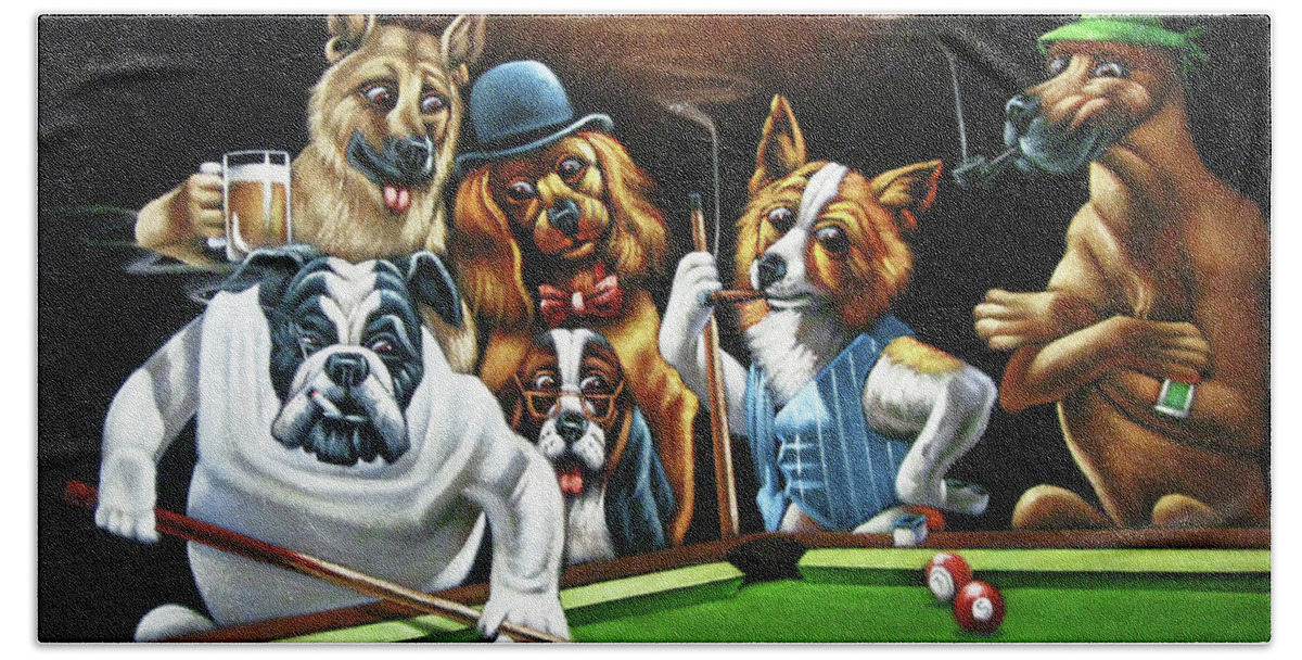 Dogs Playing Pool Hand Towel featuring the painting Dogs Playing Pool after original by Coolidge  by Jorge Torrones