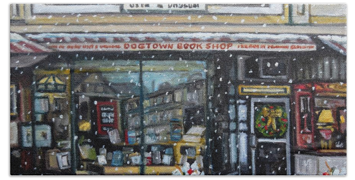 Gloucester Bath Towel featuring the painting Dogtown Books at Christmas, Gloucester, MA by Eileen Patten Oliver