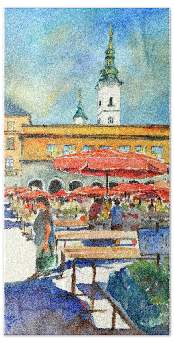 Market Hand Towel featuring the painting Dolce Market in Zagreb #1 by Betty M M Wong