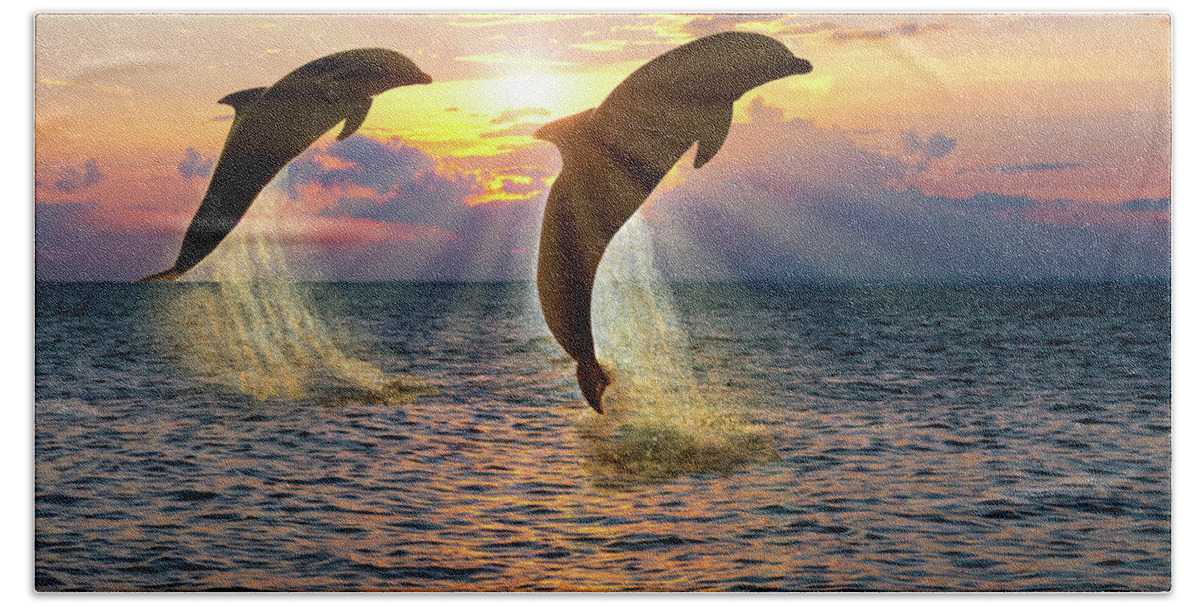 2d Bath Towel featuring the photograph Dolphin Silhouettes At Sunset by Brian Wallace