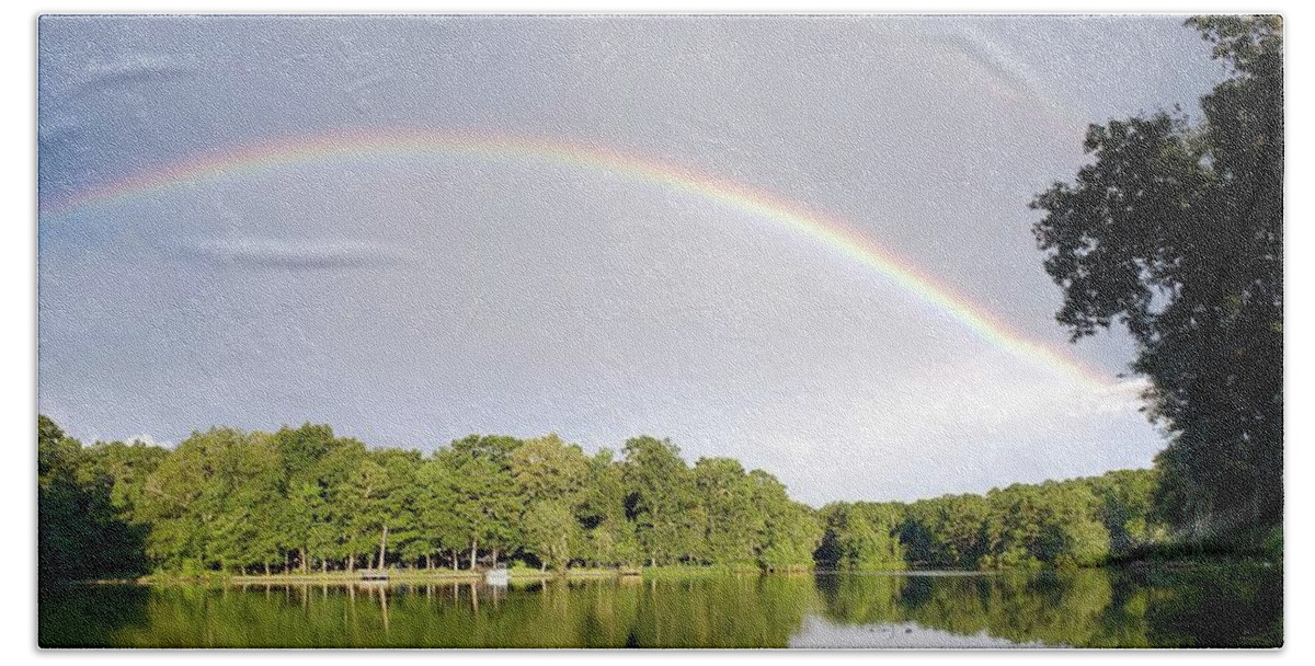 Rainbows Bath Towel featuring the photograph Double Rainbow over the Lake by Karen Stansberry