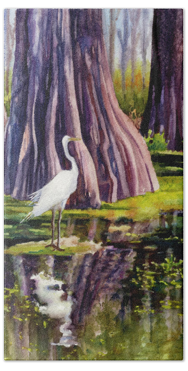 Egret Painting Hand Towel featuring the painting Down in the Swamplands by Anne Gifford